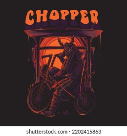 Illustration Of A Samurai With A Chopper Motorbike For T Shirt Design