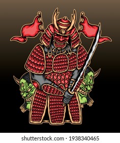 Illustration samurai with hannya mask. Premium vector.