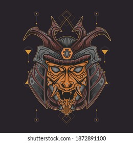 Illustration of a samurai mask with sacred geometric pattern. Perfect for design of t-shirts, stickers, merchandise, etc.
