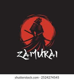 Ilustração de um samurai em silhueta contra um sol vermelho arrojado, simbolizando força, tradição e honra. Perfeito para temas de artes marciais e projetos de design cultural.