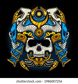 Illustration of Samurai Skull Cyborg with War Helmet Detailed Vector Design