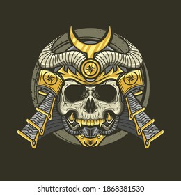 Illustration of samurai skull with helmet detailed vector design