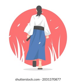 ilustración de samurai con espada y kimono caminando hacia atrás vista contra fondo rojo y sombra de hierba. concepto de la tradición japonesa. diseños de vectores planos.