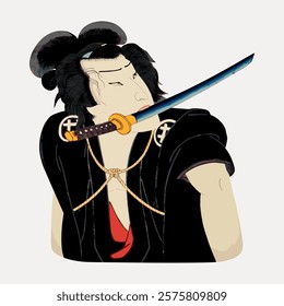 Illustration of a samurai with a sword in mouth, traditional attire, and a focused expression. Samurai art, sword, and traditional Japanese culture depicted. Vintage man illustration isolated, vector.