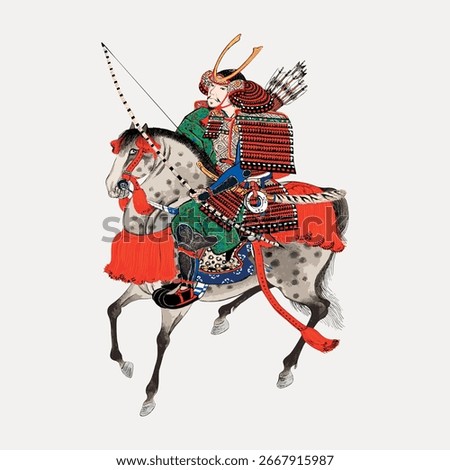 Illustration of a samurai in traditional armor on horseback. The samurai, wearing ornate armor, holds a bow. The samurai and horse are detailed and colorful. Vintage animal illustration vector.