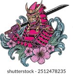 illustration of samurai using armor with flowers