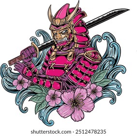 ilustração de samurai usando armadura com flores