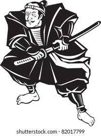  illustration of a Samurai warrior about to draw katana sword in fighting stance on isolated white background done in retro style