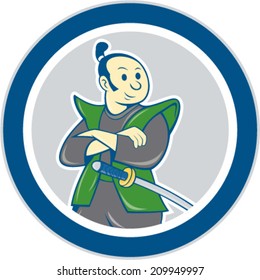 Illustration of a Samurai warrior arms folded with katana sword looking to the side set inside circle on isolated background done in cartoon style. 
