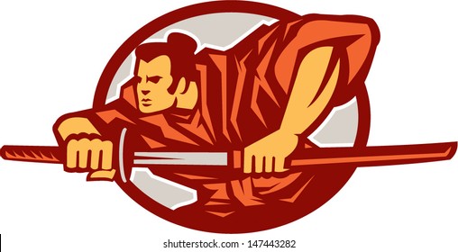 Illustration of a Samurai warrior drawing katana sword in fighting stance set inside oval done in retro style