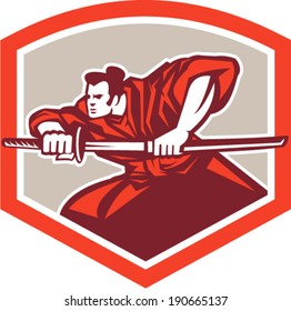 Illustration of a Samurai warrior drawing katana sword in fighting stance viewed from side set inside shield crest shape done in retro style on isolated background.