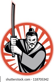 Illustration of a samurai warrior facing front with katana sword set inside circle done in retro style.