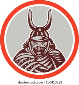 Illustration of a Samurai warrior with katana sword in fighting stance viewed from front set inside circle done in retro style on isolated background.