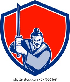 Illustration of a Samurai warrior with katana sword in fighting stance viewed from front set inside shield crest done in retro style on isolated background.