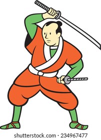 Illustration of a Samurai warrior standing wielding katana sword looking to the side set on isolated white background done in cartoon style. 