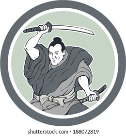 Illustration of a samurai warrior wielding katana sword in fighting stance viewed from front done in retro style set inside circle on isolated background.