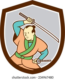 Illustration of a Samurai warrior wielding katana sword looking to the side set inside shield crest on isolated background done in cartoon style. 