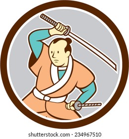 Illustration of a Samurai warrior wielding katana sword looking to the side set inside circle on isolated background done in cartoon style. 
