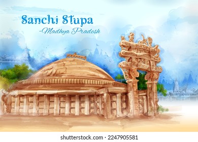 illustration of Sanchi Stupa a Buddhist comple in Raisen District of the State of Madhya Pradesh, India