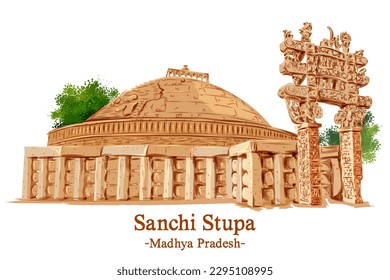 illustration of Sanchi Stupa a Buddhist comple in Raisen District of the State of Madhya Pradesh, India