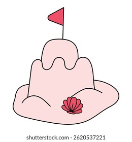 The illustration is a sand castle in a minimalistic light pink style with smooth, rounded shapes resembling turrets. 