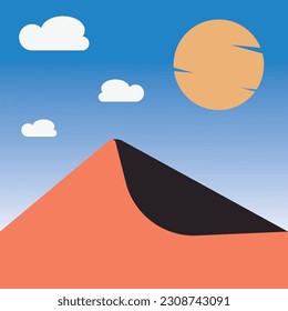 Illustration of sand dunes in the desert with sun, blue sky and clouds