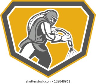 Illustration of a sandblaster worker holding sandblasting hose wearing helmet visor set inside shield crest shape done in retro style.