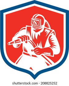 Illustration of a sandblaster worker holding sandblasting hose wearing helmet visor set inside shield crest on isolated background done in retro woodcut style.