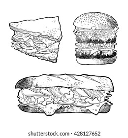 illustration of sandwich burger set. Hand drawn food picture. Fast food,junk food. Food vector picture isolated on white background.Vector illustration in sketch style. Hand drawn design elements.