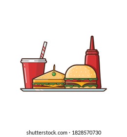 Illustration of Sandwich, Burger, and Soft Drink with Sauce Menu, Vector Cartoon Isolated - Foods and Drinks Illustration Cartoon Style.