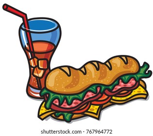 illustration of sandwich with cola drink glass