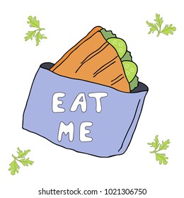 illustration of sandwich. Eat me - hand drawn lettering.