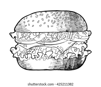 illustration of a sandwich. Hand drawn food illustration. 