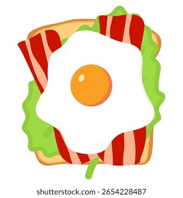  Illustration of a sandwich with lettuce leaves, two pieces of bacon and scrambled eggs Vector illustration in flat style