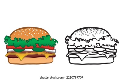 illustration of the sandwich made of lettuce, tomato, pickle, onion, hamburger and cheese. Vector isolated on white background.