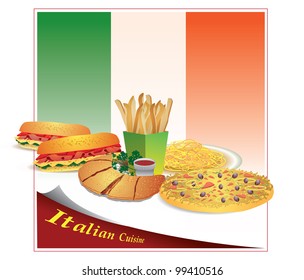 Illustration of a sandwich, pizza, pasta against the backdrop of the Italian flag