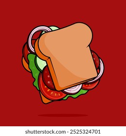 illustration of sandwiches filled with vegetables and plenty of tomato, cucumber, onion and slice ham in line art style. Can be used for restaurants, cafes, local street food, cookbook menu covers