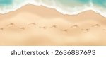 Illustration of sandy beach with footprints in realistic style. Soft beige and blue colors. Represents a serene beach walk. Ideal for travel promotions.