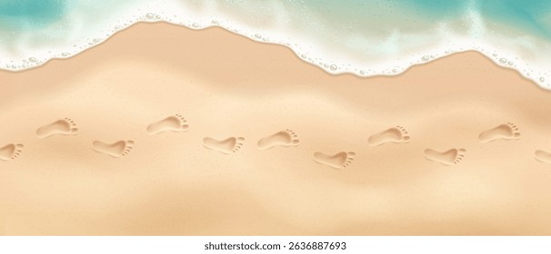 Illustration of sandy beach with footprints in realistic style. Soft beige and blue colors. Represents a serene beach walk. Ideal for travel promotions.