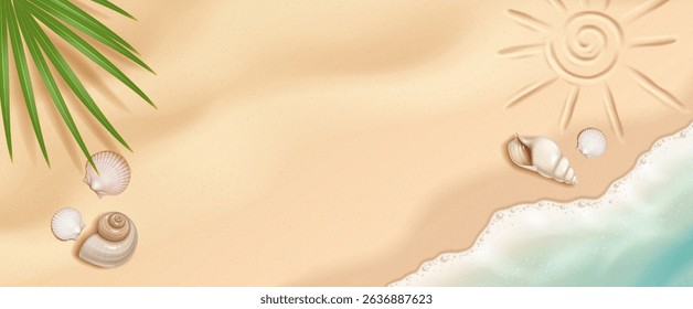 Illustration of a sandy beach with seashells and a sun drawing. Soft cream and green tones. Perfect for tropical themes and summer vacation designs.