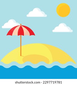 Illustration of a sandy island beach in the summer. Beach with beach umbrella on a sunny day. Square icon of a beach.