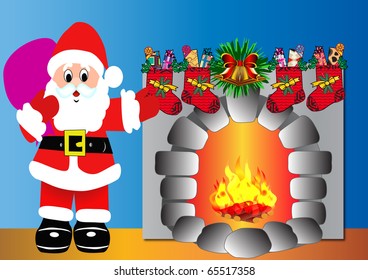 illustration santa with bag beside heater in which fire
