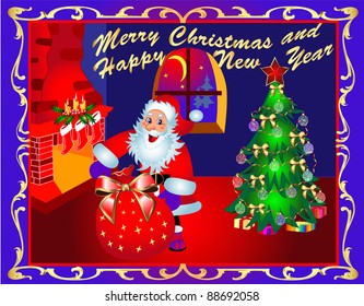 Illustration of Santa  with a bag near to a fur tree in a room with a fireplace