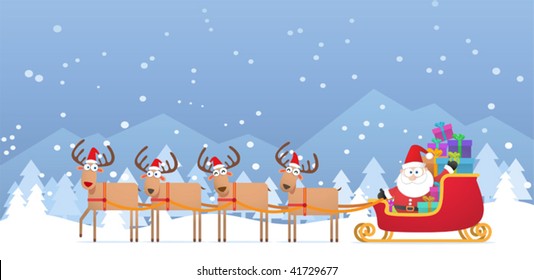 Illustration of Santa and Christmas Reindeer on the snow