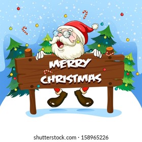 Illustration of Santa Claus at the back of a wooden signboard