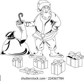 Illustration of Santa Claus with a bag of Christmas presents