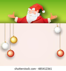 Illustration of Santa Claus behind hanging balls decorated blank board for Merry Christmas celebration.