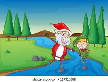 illustration of a santa claus and a boy in a beautiful nature