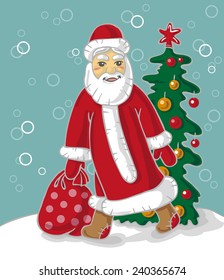 Illustration of Santa Claus carries a bag with gifts
