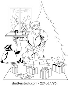 Illustration of Santa Claus carrying a bag of Christmas presents dropping a present under the Christmas tree